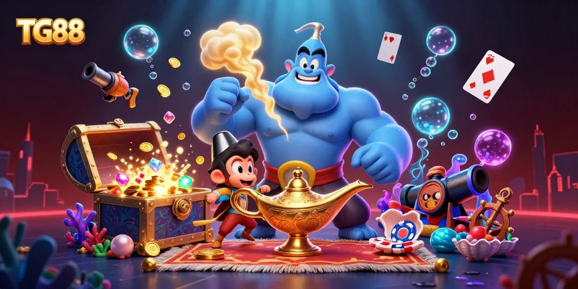 Experience winning moments at TG88 with a vibrant 3D casino illustration filled with adventure and excitement.