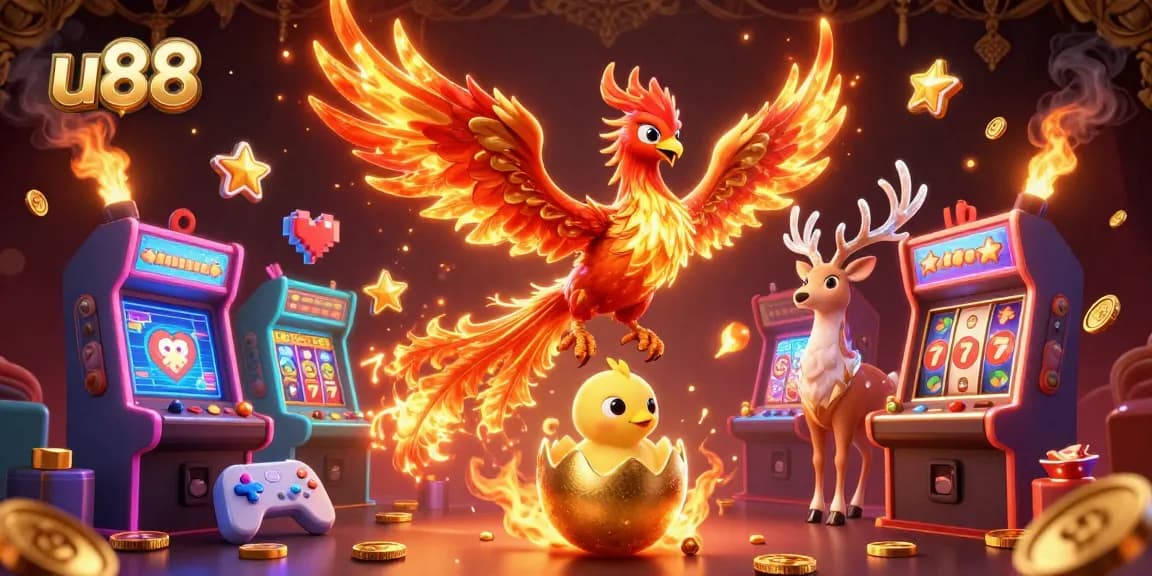 Experience thrilling gameplay at u88 with this vibrant 3D illustration showcasing animated casino elements.