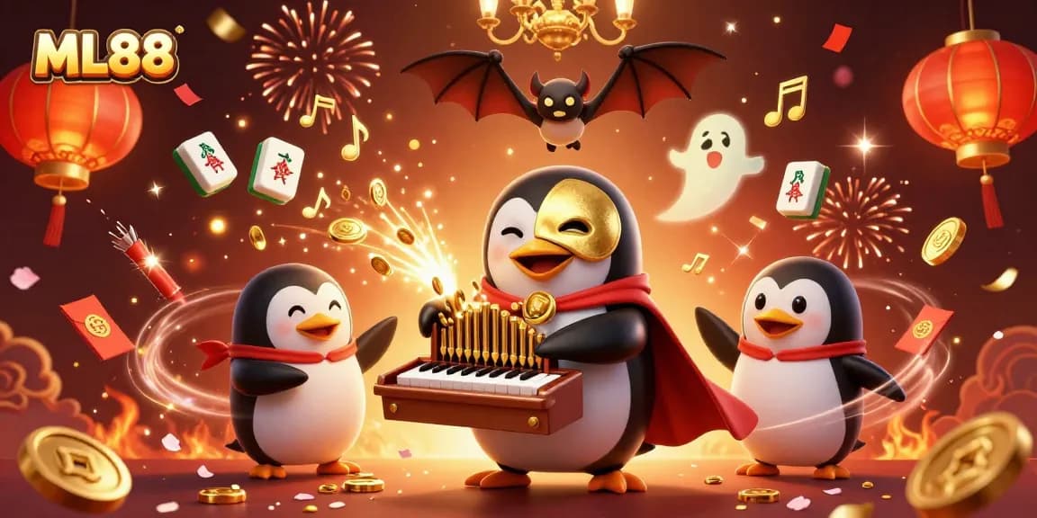Engage with ML88's vibrant gaming scene, featuring a penguin organist amidst floating casino elements.