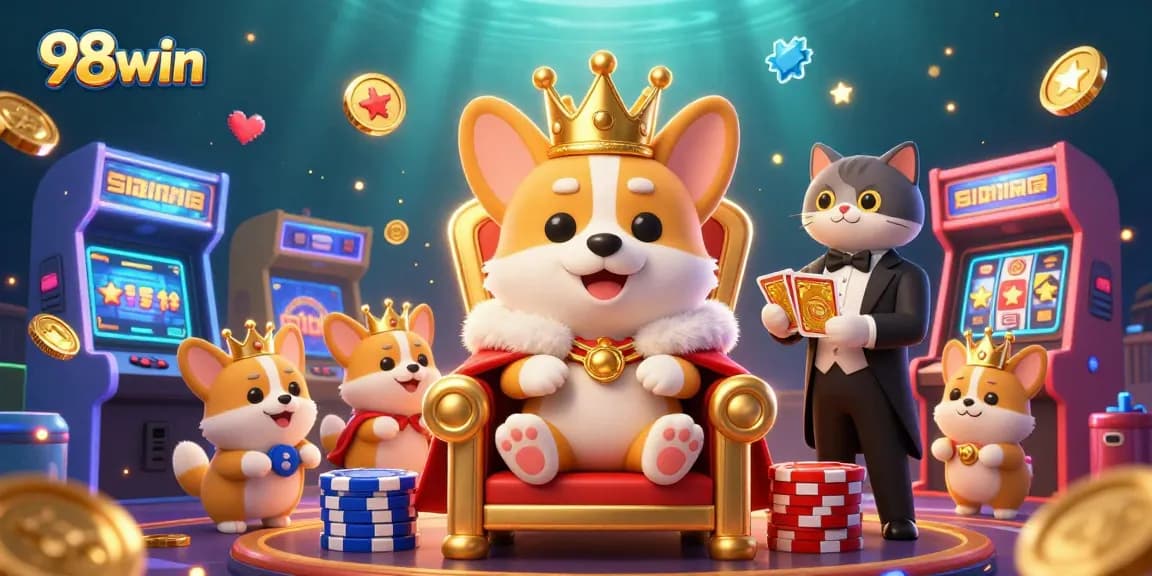 Engage in thrilling experiences at 98win with dynamic gaming elements and a royal corgi theme.