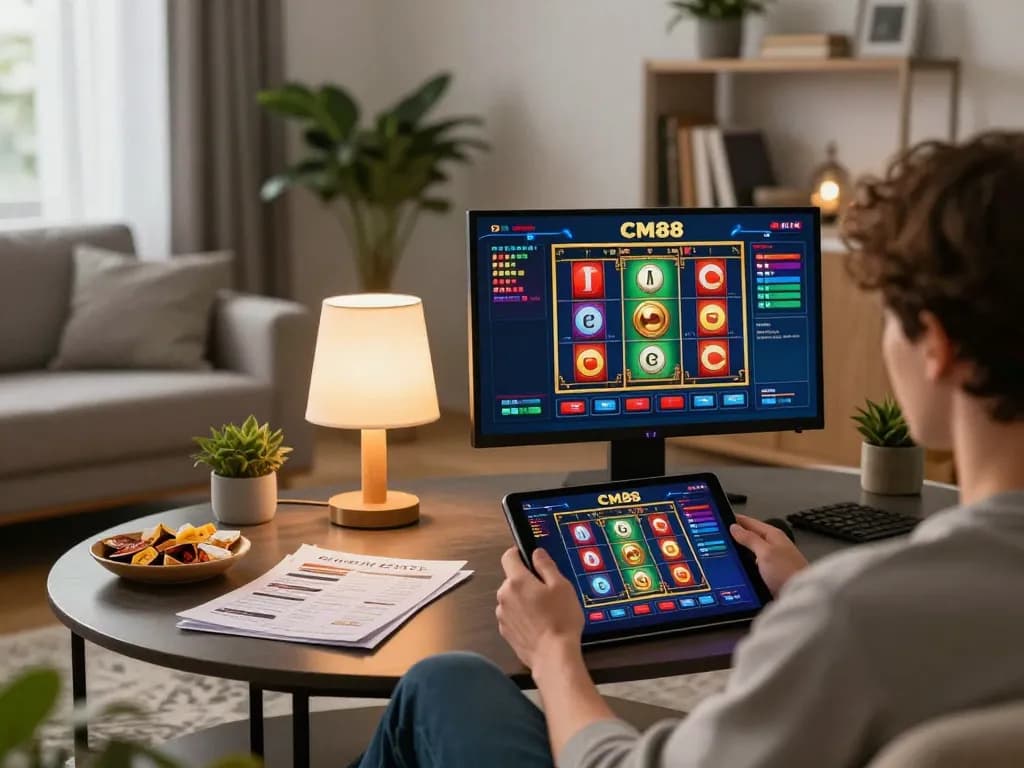 Engaging in CM88 online casino gaming on a tablet in a cozy home setup