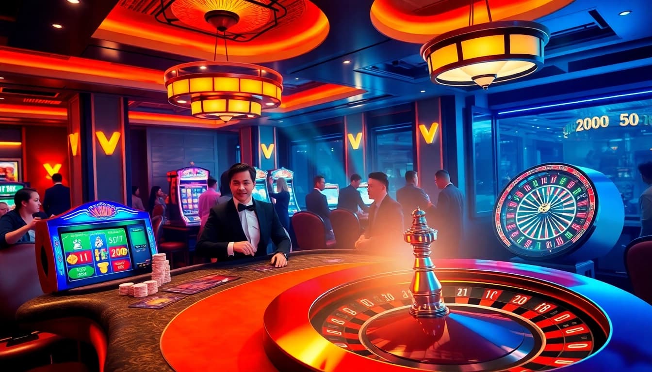 Experience thrilling moments at https://nhatvip.meme/ with players enjoying casino games in a vibrant scene.