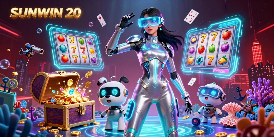 SUNWIN 20 showcases a vibrant casino scene with a futuristic woman and a robot dog amidst floating slot reels and treasures.
