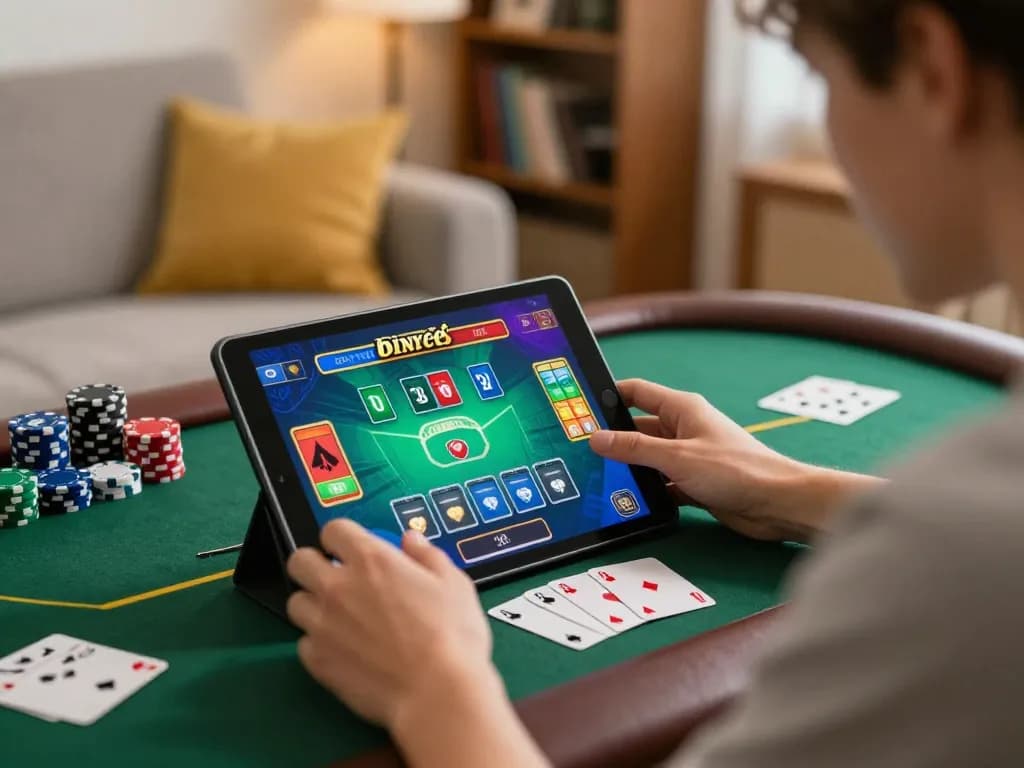 Player enjoying blackjack on their tablet in a cozy home setting emphasizing tv88 online gaming.