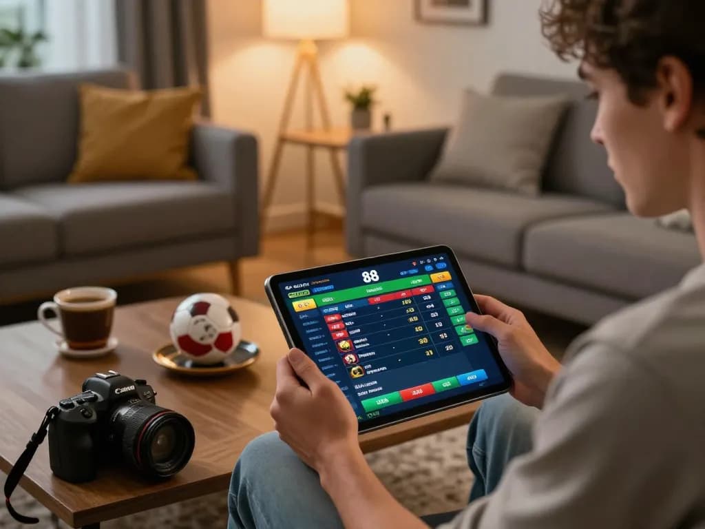 An engaged player using the tablet for fun 88 sports betting in a cozy home setting, displaying live odds.