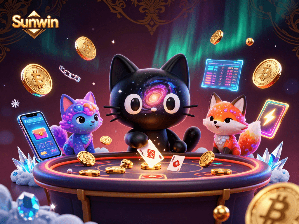 Sunwin offers an exciting cosmic casino scene featuring a black hole cat and nebula fox.