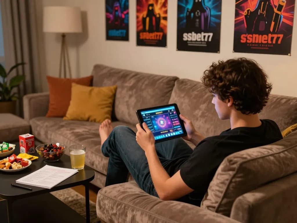 Engaged player using the ssbet77 app on tablet in a cozy home gaming setup.
