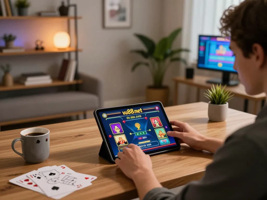 Engaging in online gaming on vu88 net with a cozy home setup, showcasing responsible gambling.