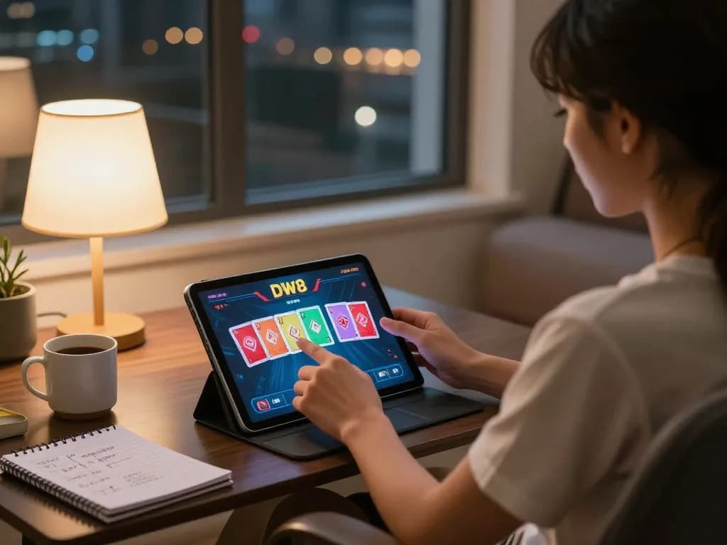Engaging gaming session on DW8 with tablet showing poker cards and strategy notes in a cozy setting.