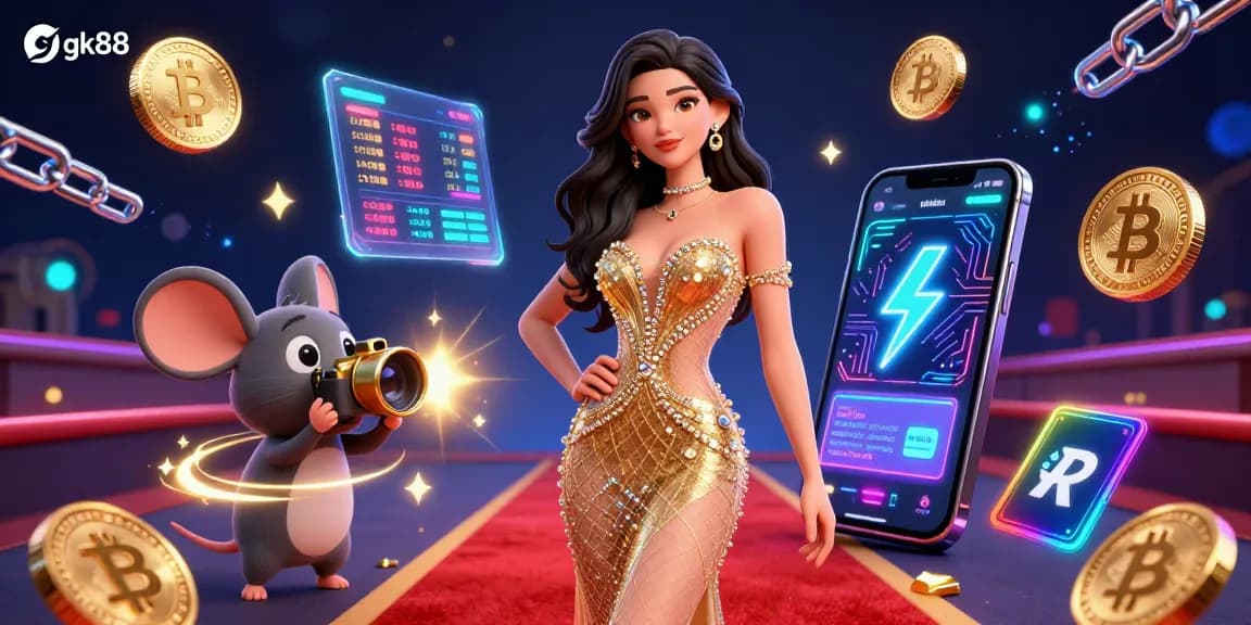 Experience exciting gaming at gk88 with a glamorous casino scene featuring dynamic elements and a captivating 3D illustration.