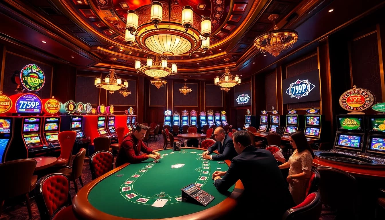 Players enjoying thrilling games at 789P casino tables under vibrant lighting and luxurious decor.