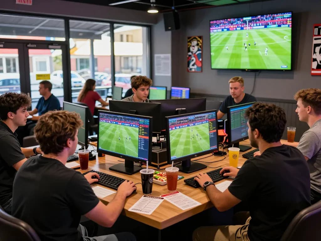 Engaged bettors actively placing debet wagers in a vibrant sports betting lounge.