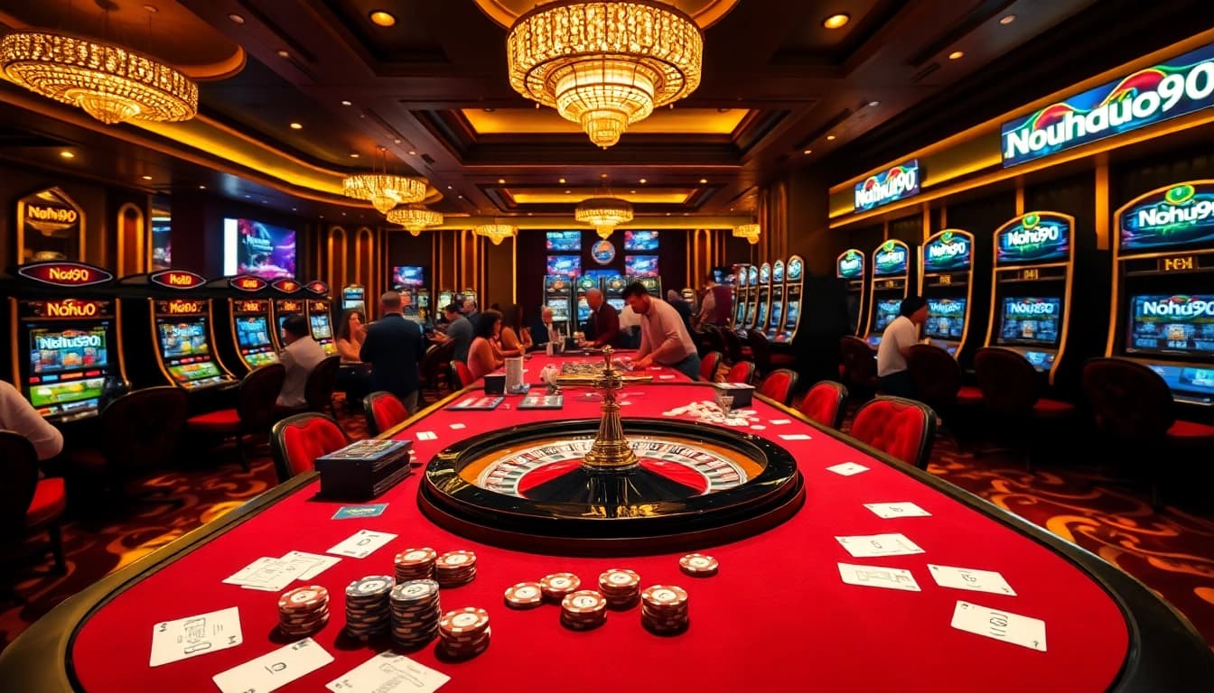 Nohu90 slot machines and poker table in an upscale casino environment, highlighting engaging gaming experiences.