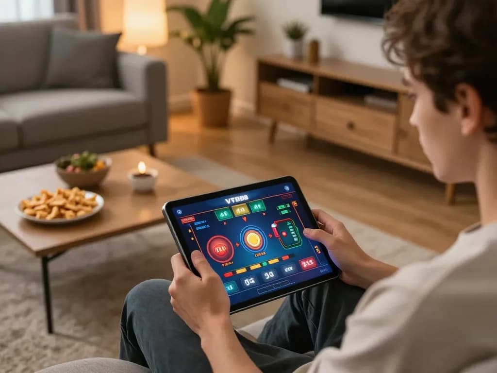 Engaging with VT88 casino on tablet at home, showcasing responsible gambling atmosphere.