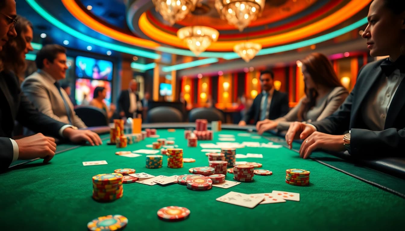 Experience the thrill of poker at TG88 casino with vibrant chips and cards in action.