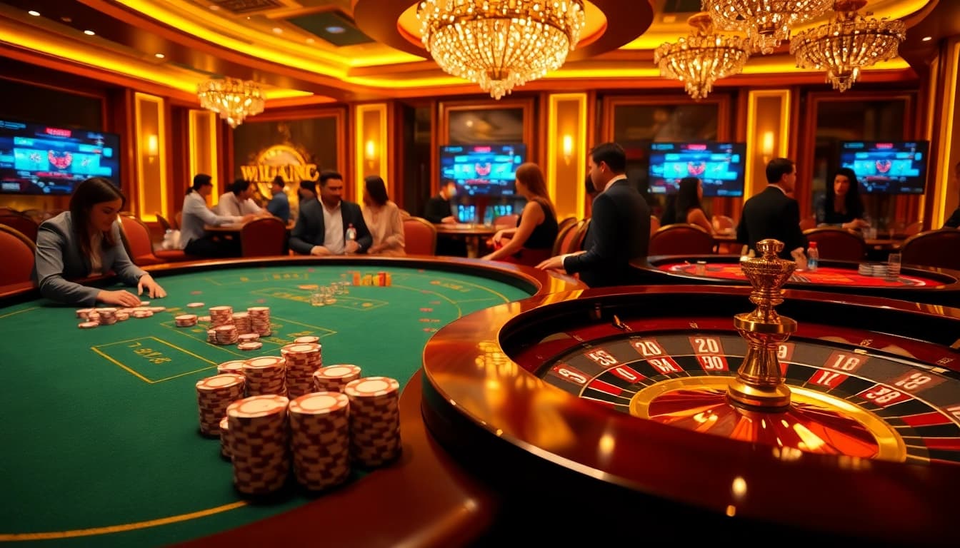 Experience thrilling gameplay at https://f8bet11.net/ with a luxurious casino atmosphere, featuring poker tables and roulette.