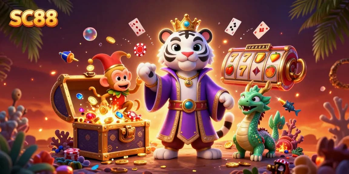 Experience the vibrant excitement of SC88 as animated characters engage in thrilling casino activities with gold coins and playing cards.