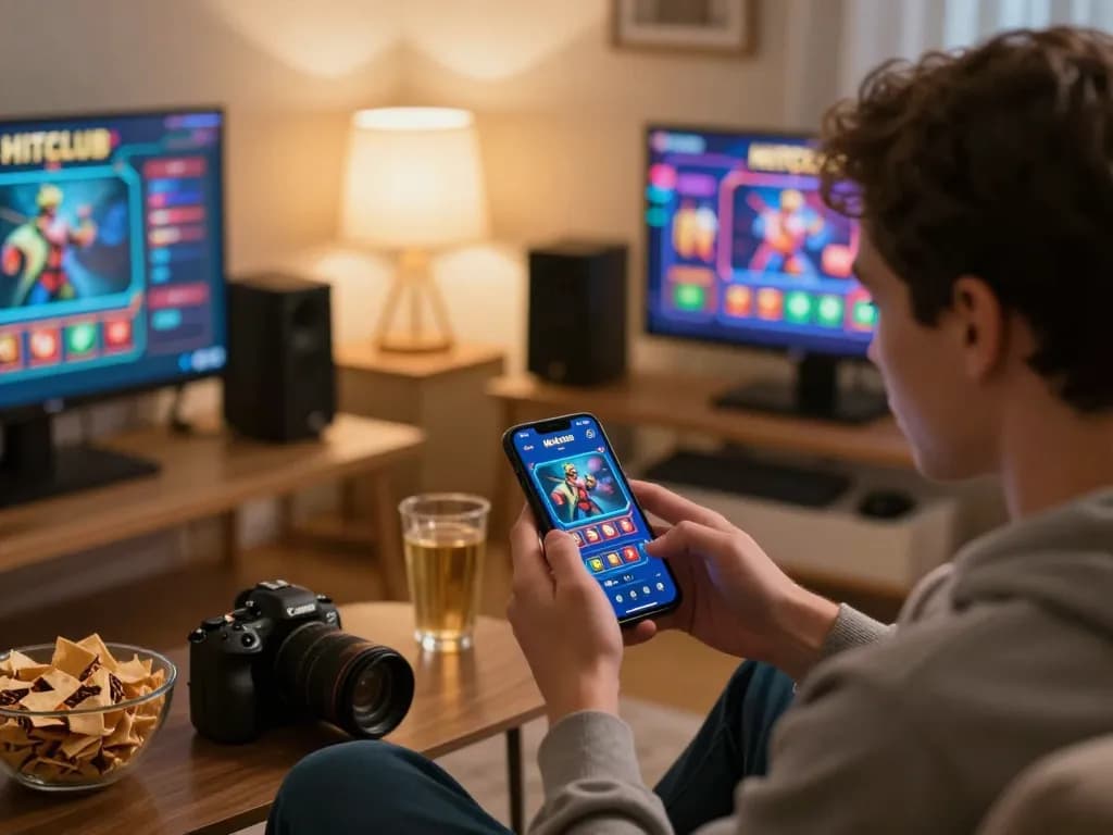 Engaging with Hitclub app on a smartphone in a cozy living room while enjoying casino games.