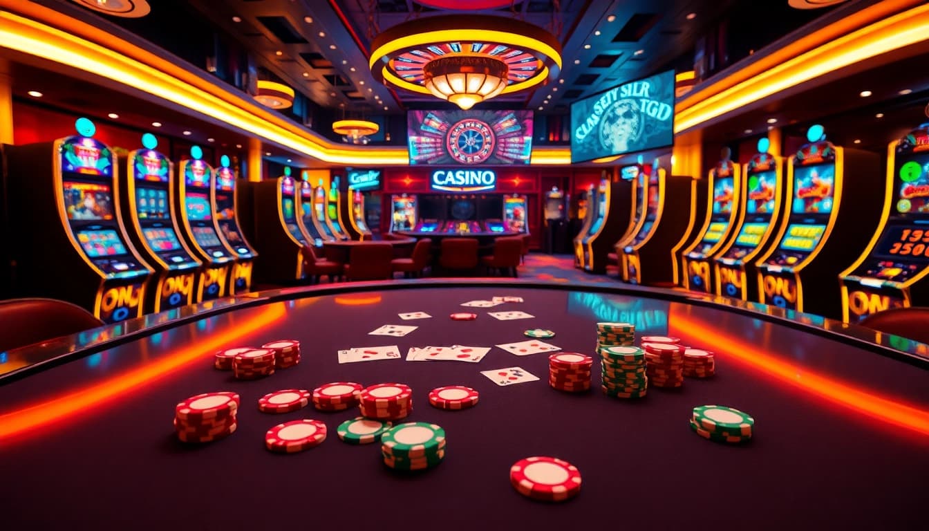An engaging online gambling scene highlighting poker at https://sunwin.builders/ with colorful chips and vibrant slot machines.