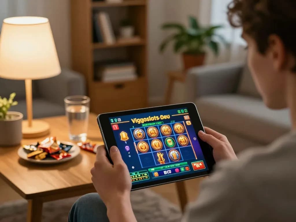 Ein Spieler, der zu Hause mit der Viggoslots-deu-Oberfläche auf einem Tablet Online-Slots genießt.