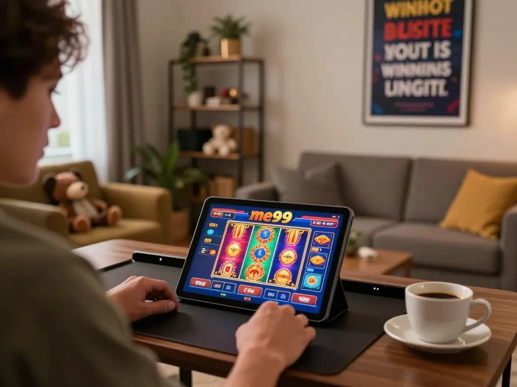 Engage with me99 casino by playing exciting slots on a cozy tablet setup indoors.