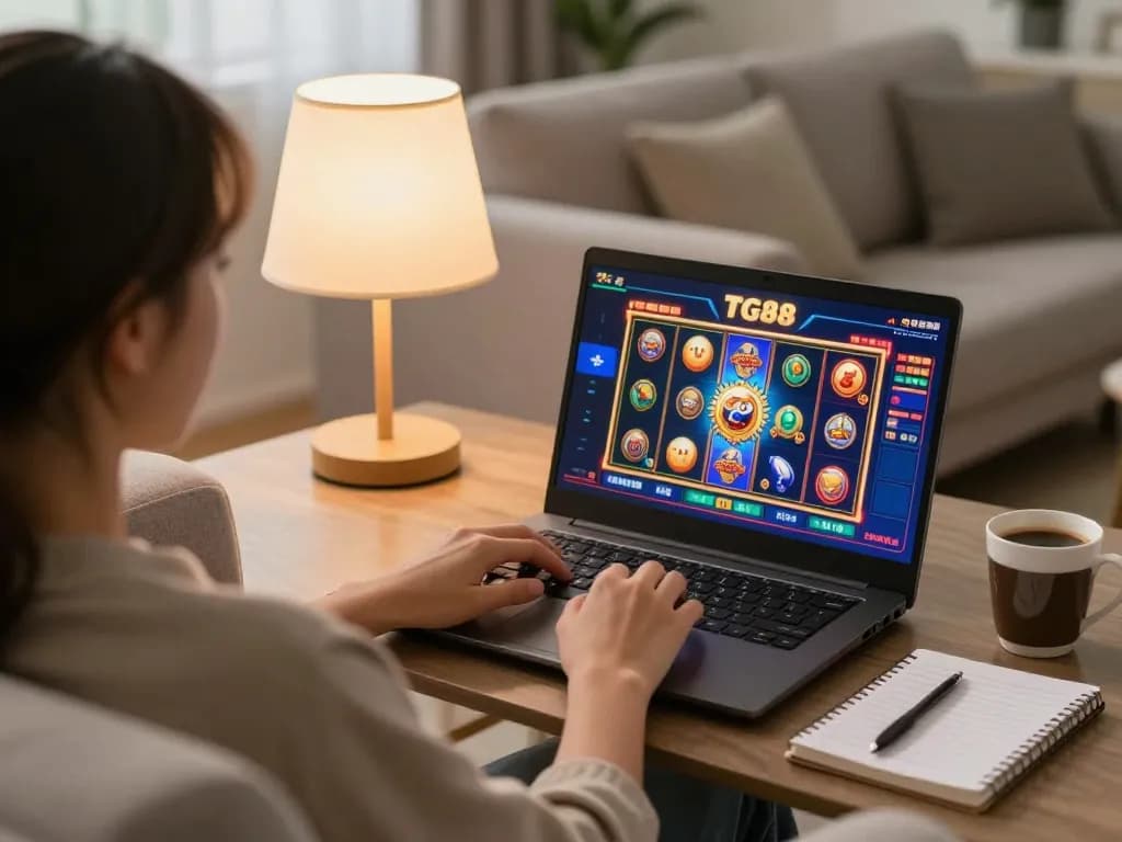 Engaging with TG88 online casino games in a cozy home setting.