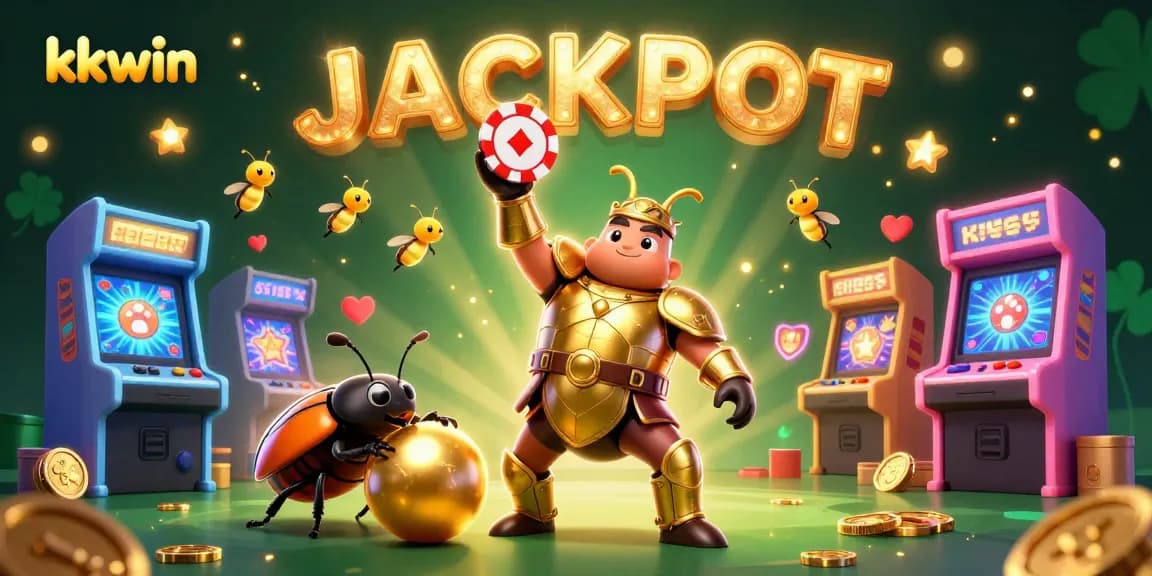 kkwin champions winning with a poker chip and a golden ball in a vibrant casino scene