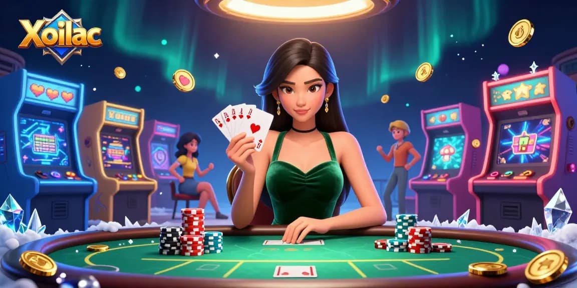 Xoilac enhances poker strategy with a stunning Asian woman at a luxury table, immersed in the game.