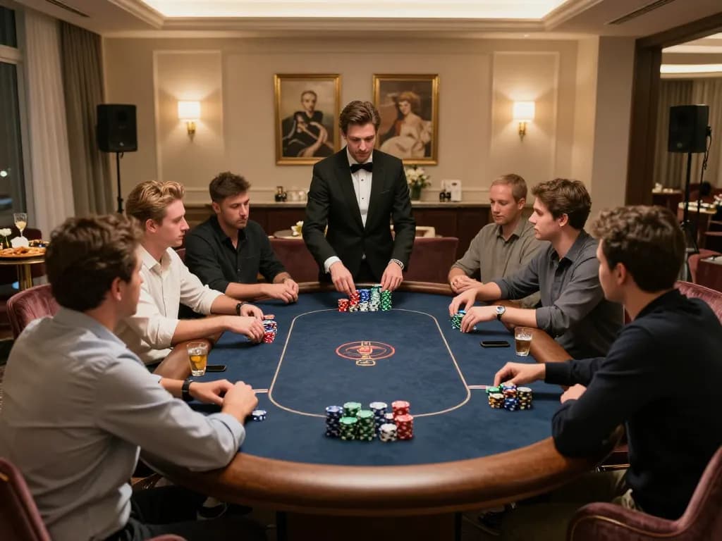 Players enjoying a competitive poker game at 56win.com in a luxurious private setting, showcasing strategic gameplay.