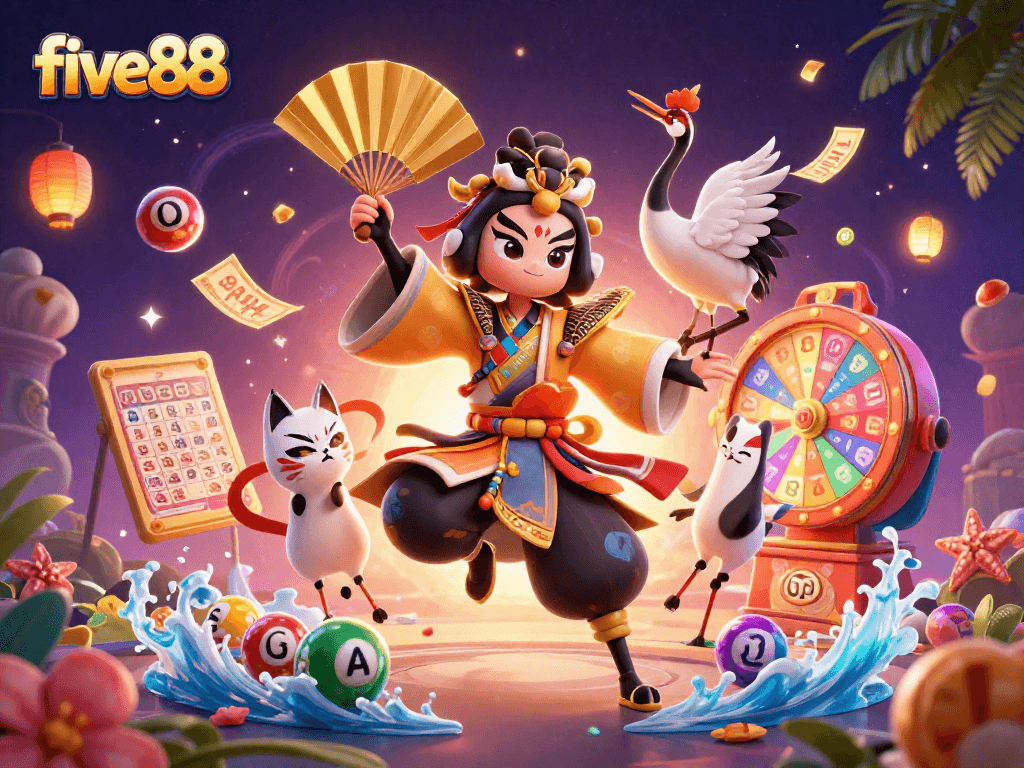 Engage with exciting offerings at five88, featuring vibrant lottery games, festive characters, and dynamic elements.