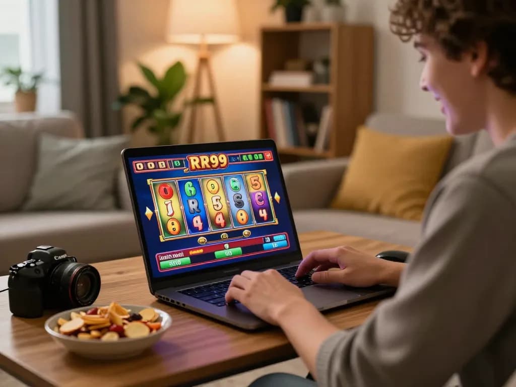 Engaging gameplay on RR99 casino slot game in a cozy home setting.