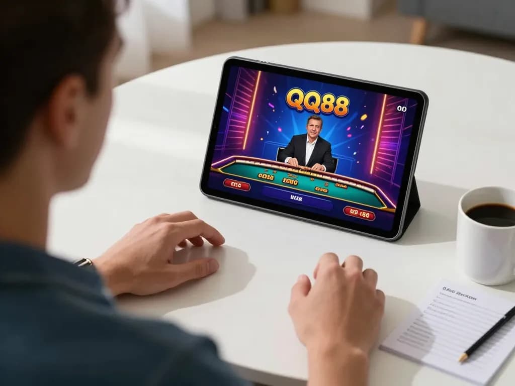 Engaging QQ88 gaming session showcasing a user playing live dealer games on a tablet in a cozy home environment