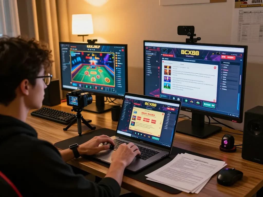 Player using BCX88 casino app on laptop, highlighting strategic online gameplay.