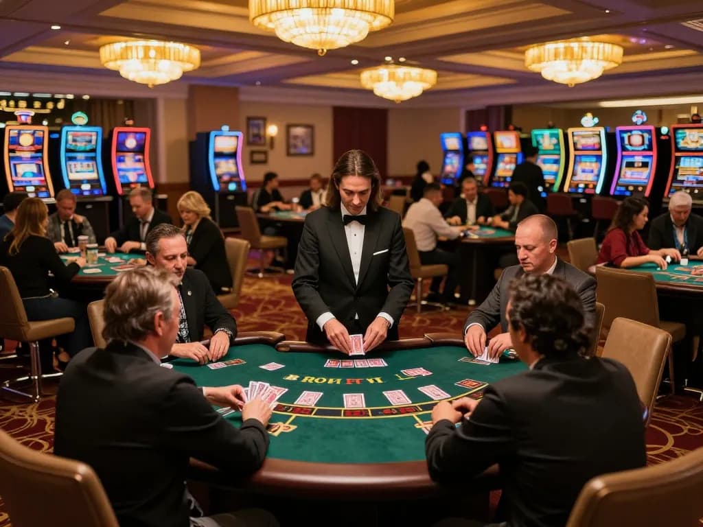 Players engaging in blackjack at a lively casino floor, featuring mm88 com atmosphere and professional dealer