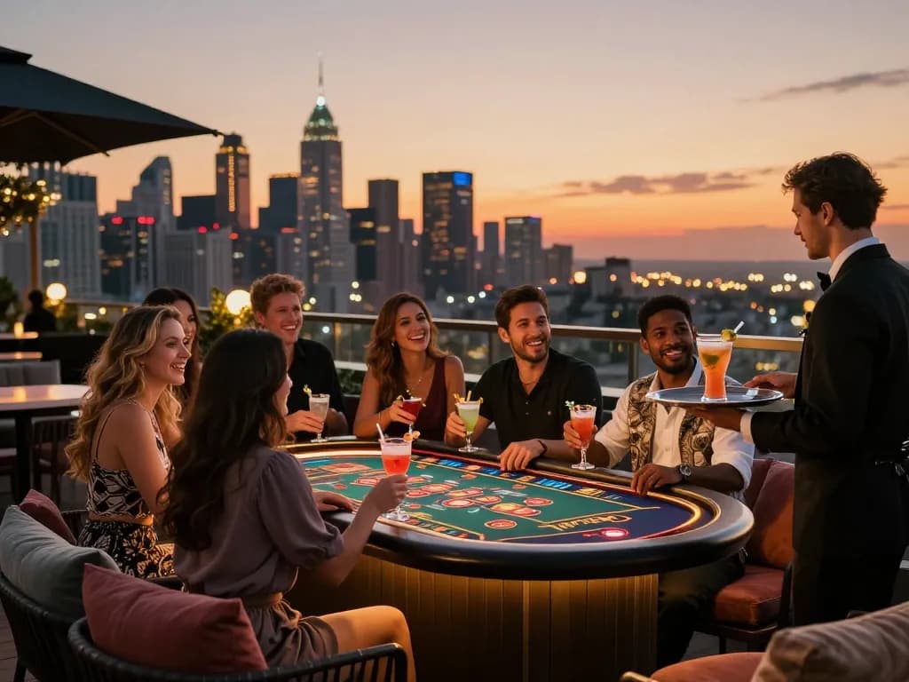 23win users enjoy vibrant rooftop casino bar atmosphere with drinks and laughter.