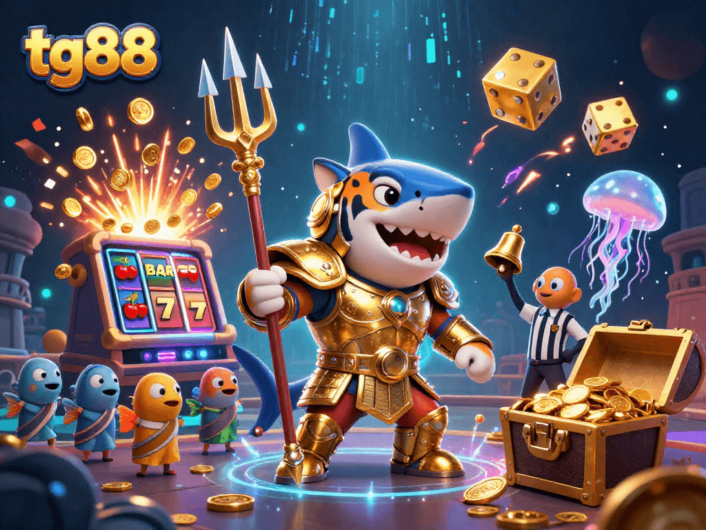Experience tg88's thrilling underwater gaming with a tiger shark gladiator amidst vibrant casino elements.