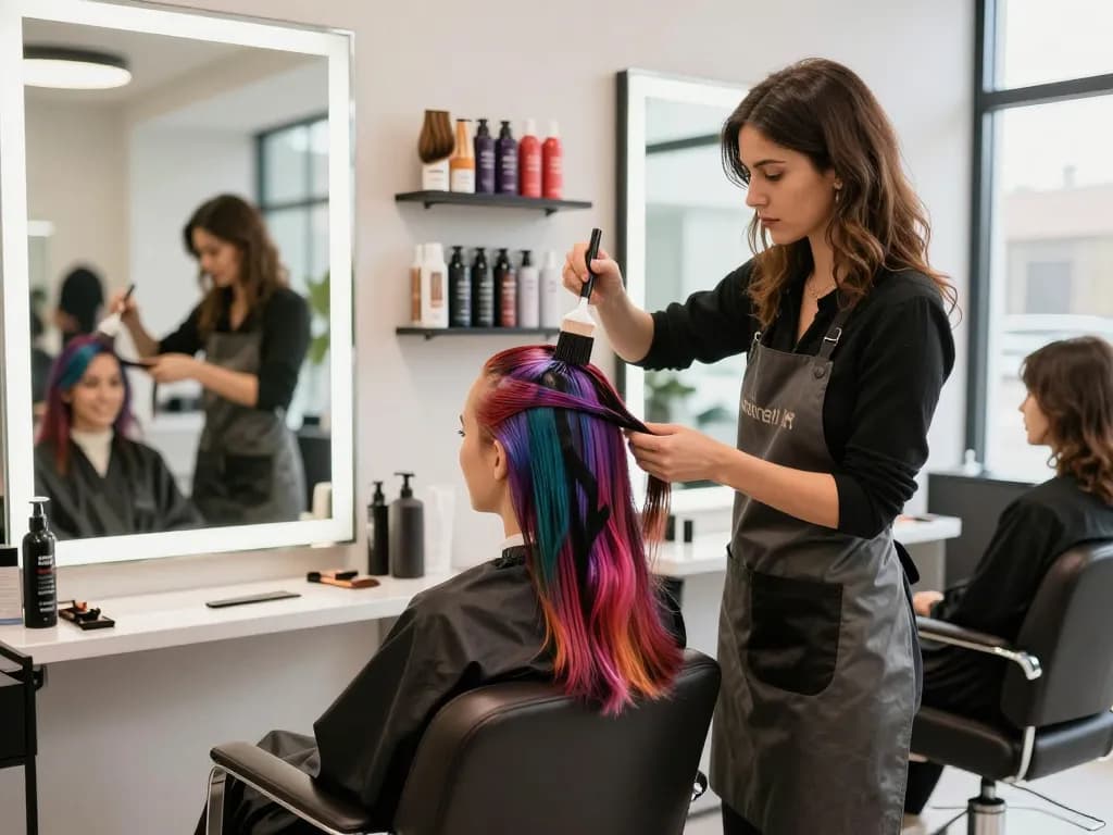 Lebendige Haarfärbesitzung im Salon, die die Anwendung von Haarfarbe Friseur mit professionellen Produkten und Stylisten zeigt.