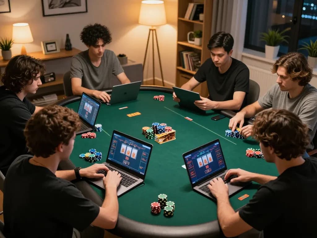 Players enjoying an engaging game on the good88 online poker platform in a stylish home setting.