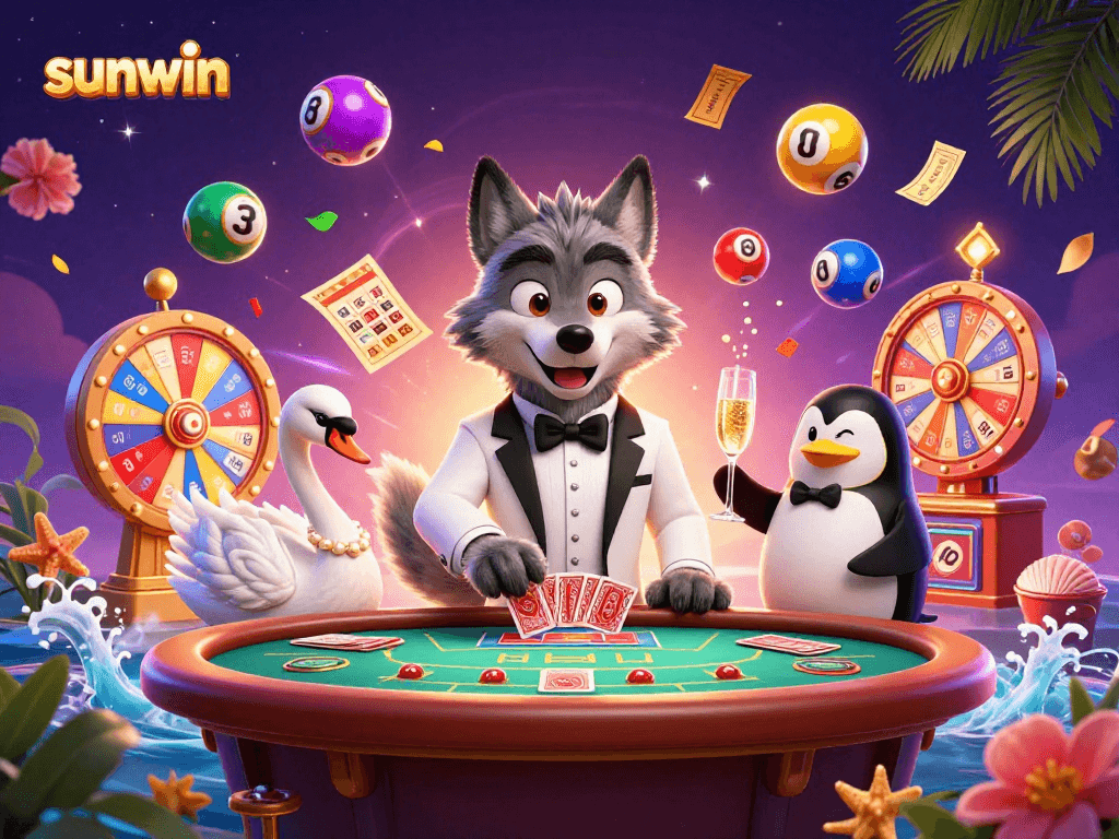 sunwin showcases an exciting casino illustration featuring vibrant lottery balls and engaging characters.