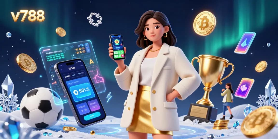 Engage with the v788 sports betting app displayed on a smartphone in a dynamic, casino-themed illustration.