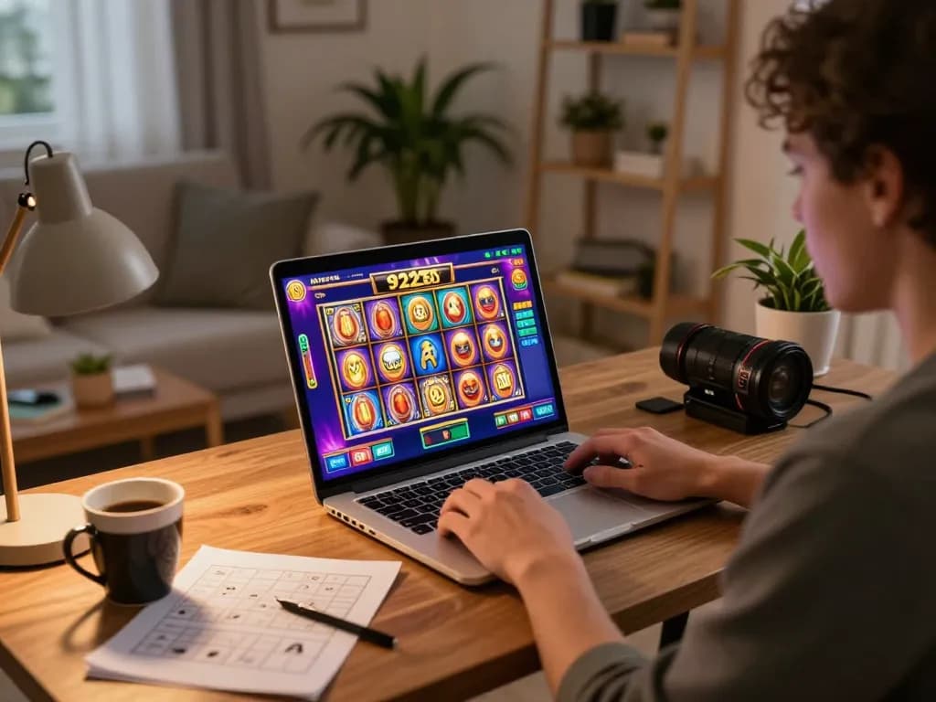 Engaging with 92slot online gaming setup in a cozy home environment, showcasing responsible gambling.