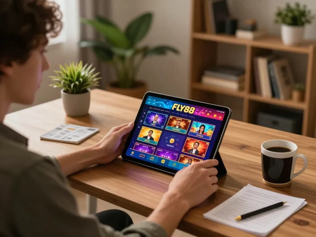 Engaged player using FLY88 casino app on tablet at home, showcasing responsible gaming environment.
