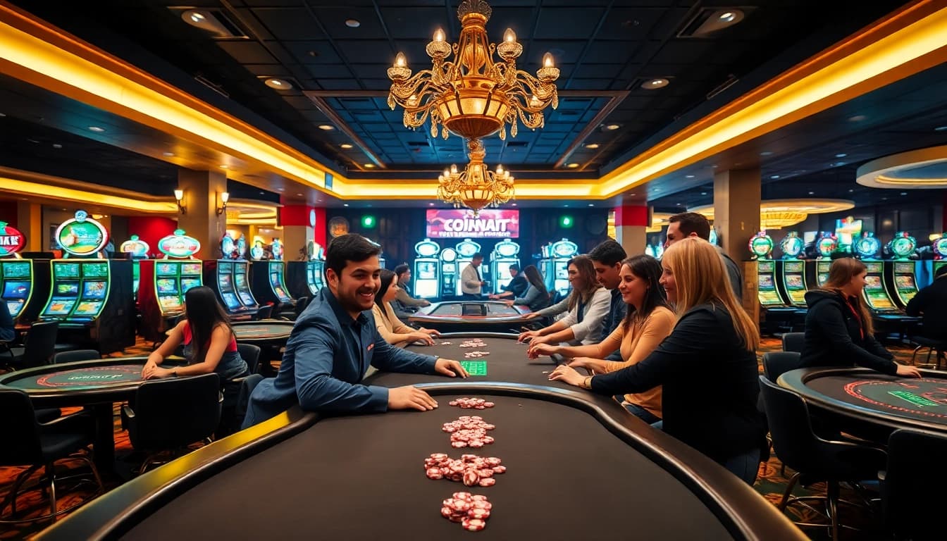 LolaJack Casino mit lebhaften Spieltischen und glücklichen Spielern im eleganten Ambiente.