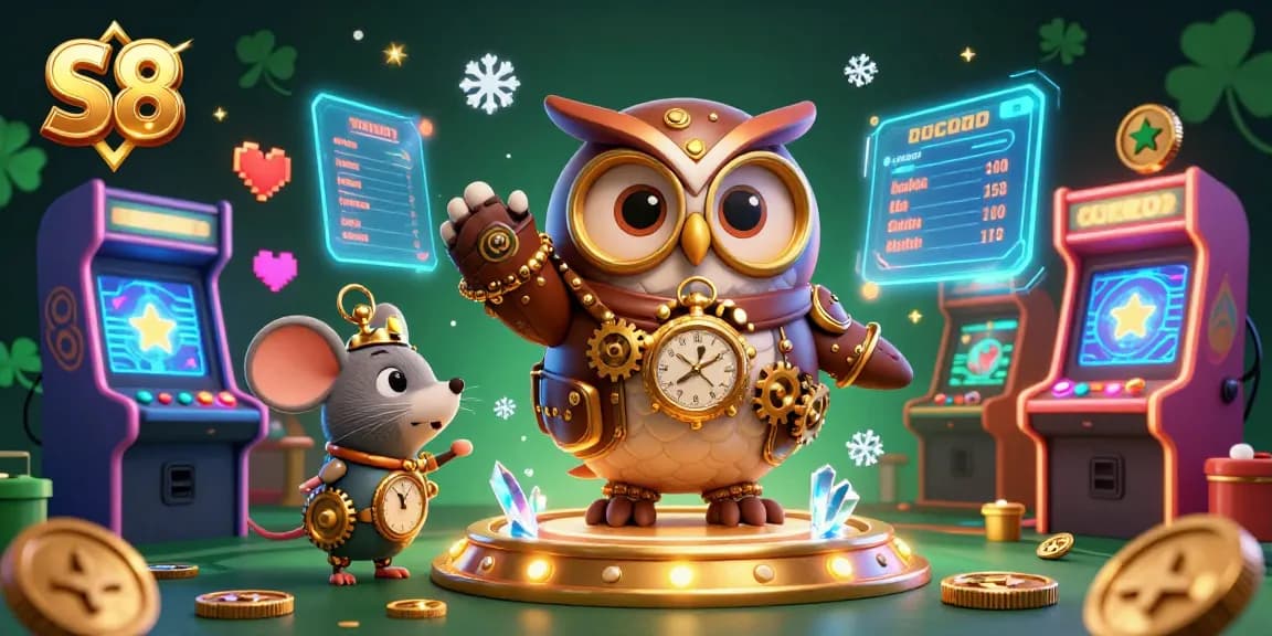 S8 casino platform with a vibrant 3D illustration showcasing a whimsical owl and mouse, vivid gaming elements surrounding them.