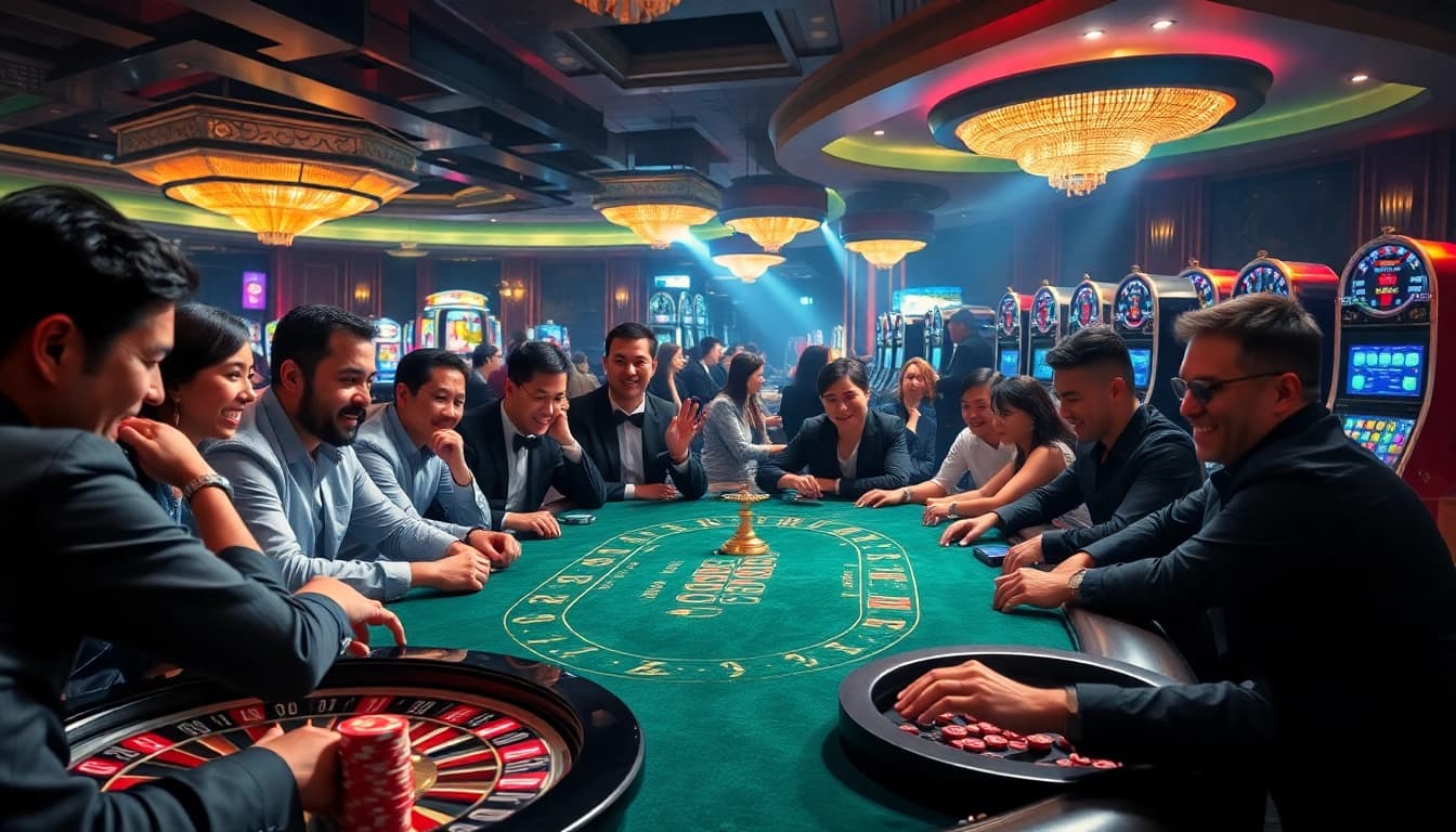 Action-packed poker game at https://luongsontv23.com/ showcasing players strategizing amidst vibrant casino decor.