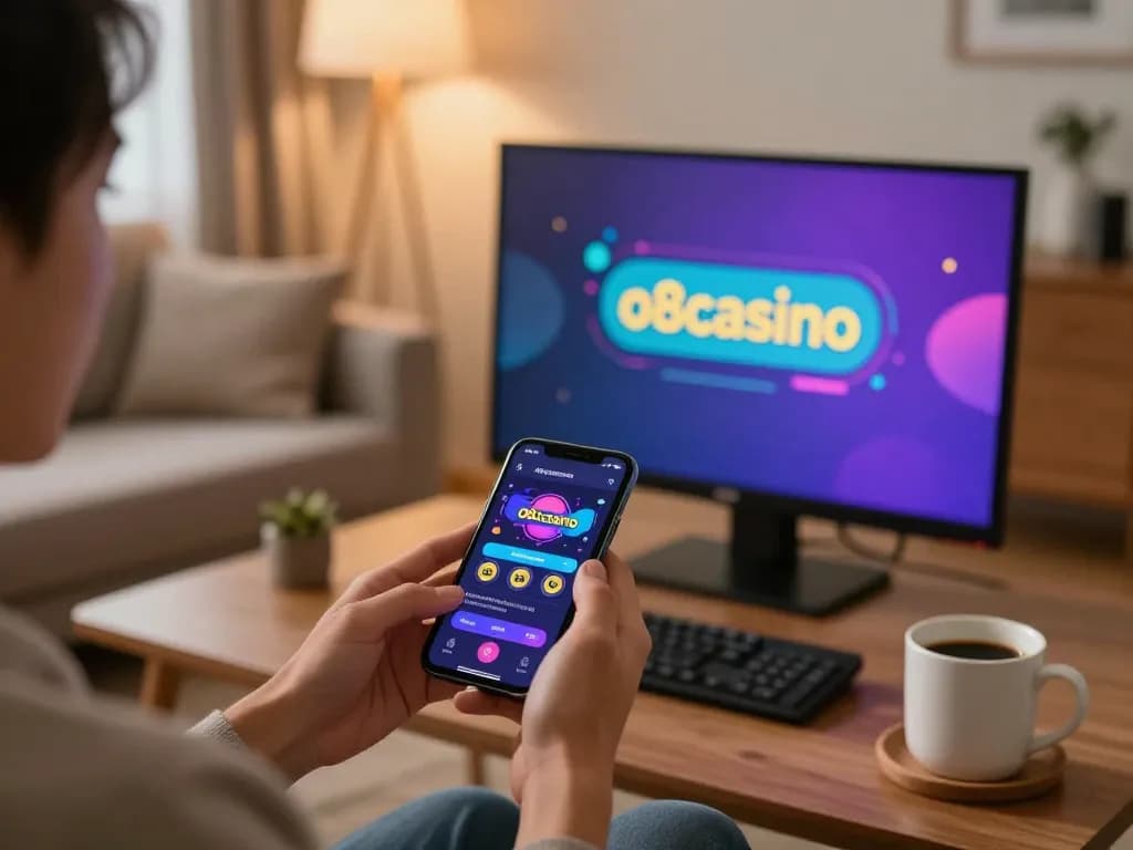 Person enjoying the o8casino app on smartphone at home, showing excitement in online gaming.