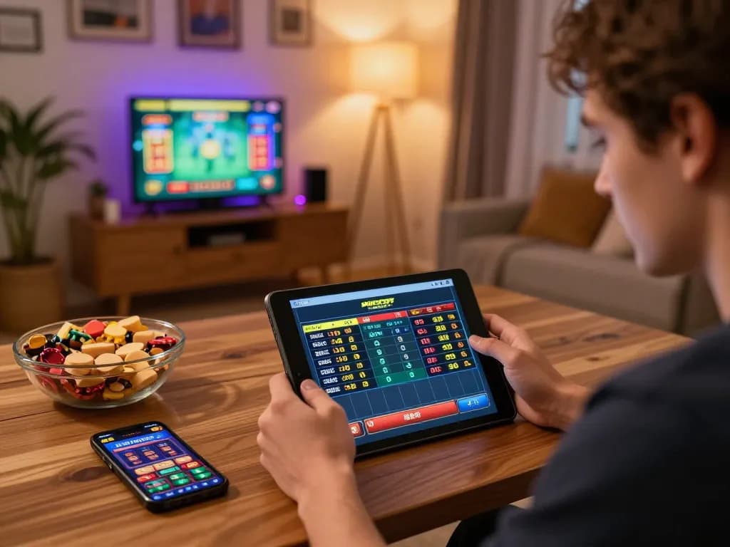 Engaging in MK8th sports betting on a tablet in a cozy home setup with snacks