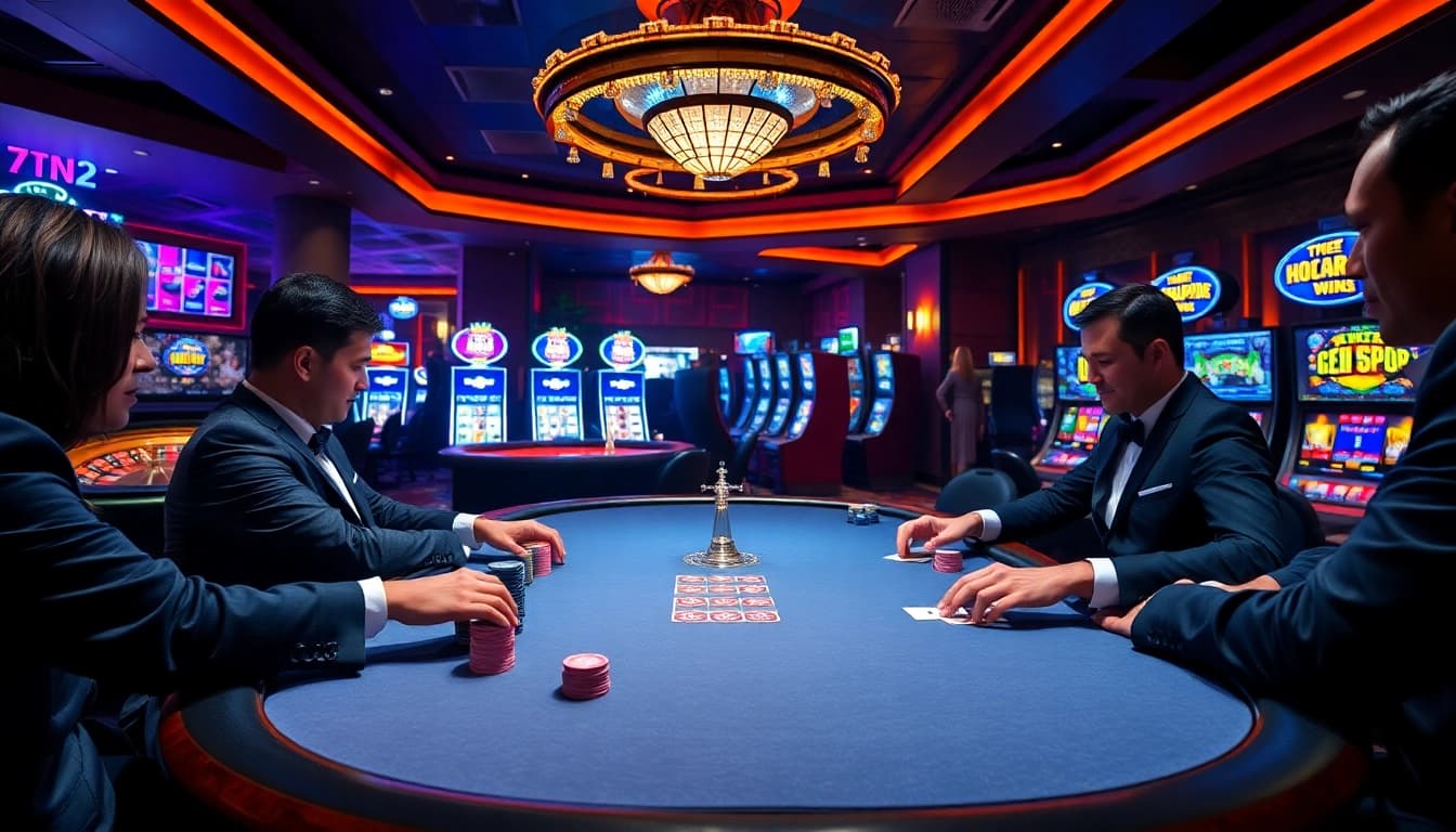 Experience the excitement at 789club with poker chips and cards on a luxurious table in a vibrant casino.