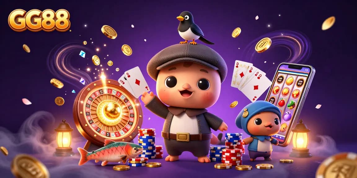 Experience GG88's thrilling casino atmosphere with 3D characters surrounded by vibrant gaming elements.