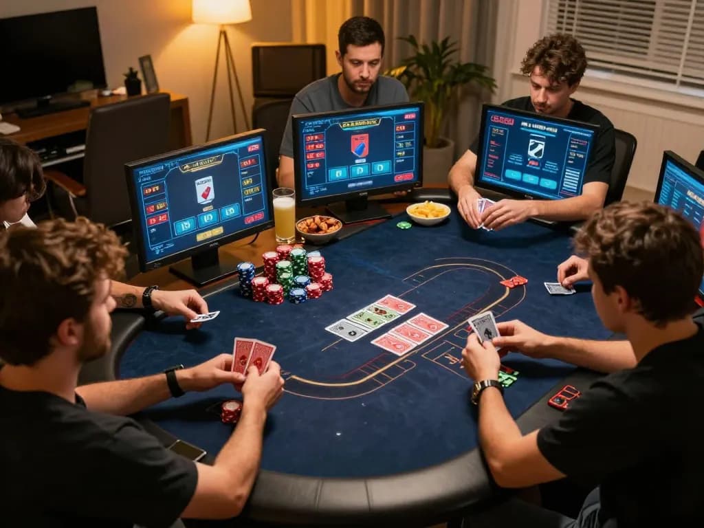 GO8 players engaged in an intense online poker game, showcasing strategic betting and community cards